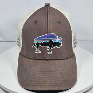 Patagonia Trucker Hat Bison Mountains Embroidered Mesh Back Snapback Brown White